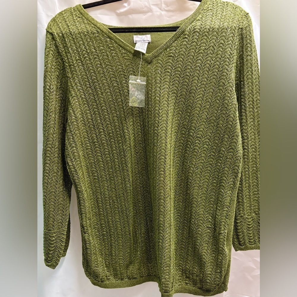 Jaclyn Smith Olive Metallic V-Neck Sweater NWOT Size XL - Picture 2 of 7